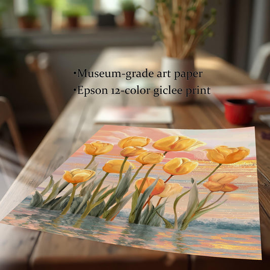 Close-up of an unframed yellow tulips in water art print on a wooden dining table, emphasizing the sunset colors and water reflections. Text highlights Museum-grade art paper and Epson 12-color giclée print.