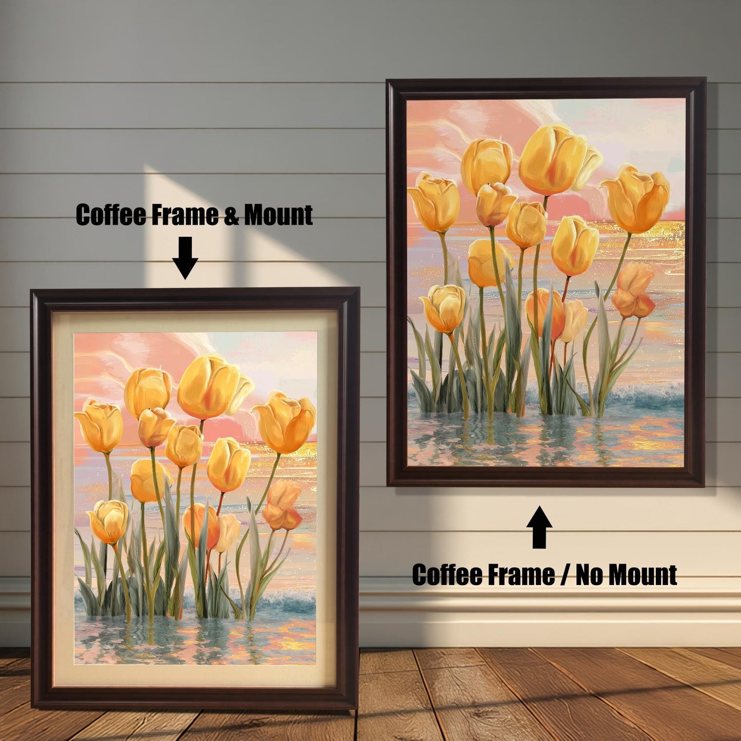 Two framed yellow tulips art prints against a white wood panel wall. The print on the left has a Coffee Frame & Mount (matting). The print on the right has a Coffee Frame / No Mount.