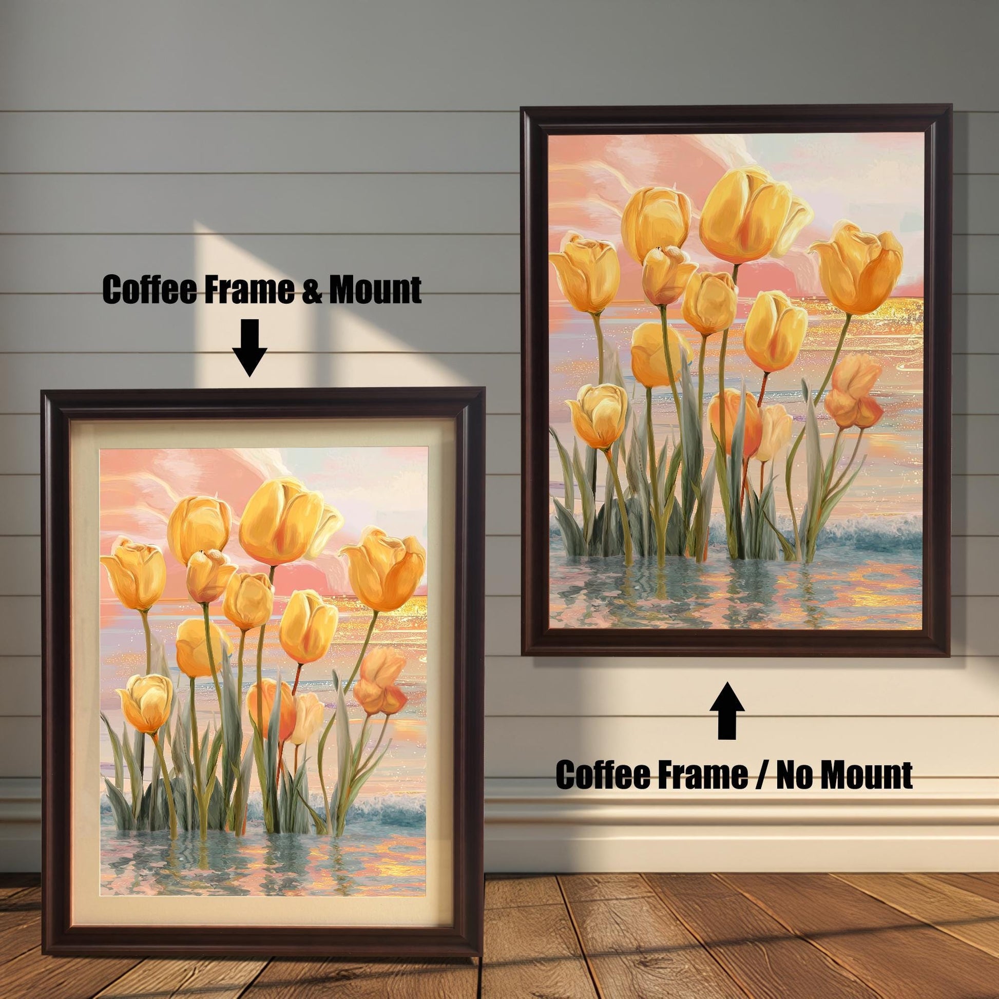 Two framed yellow tulips art prints against a white wood panel wall. The print on the left has a Coffee Frame & Mount (matting). The print on the right has a Coffee Frame / No Mount.
