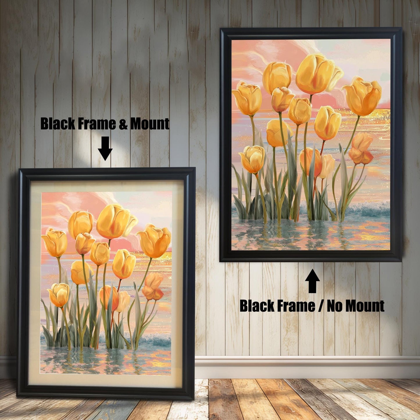 Two framed yellow tulips art prints against a light wood panel wall. The print on the left has a Black Frame & Mount (matting). The print on the right has a Black Frame / No Mount.