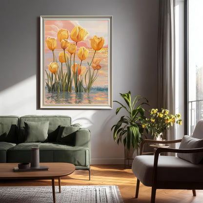 A large, framed yellow tulips in water art print with a Silver/Light Gray Frame hanging on a gray wall above a green sofa in a modern living room.