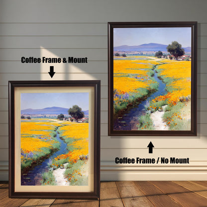 Two options for the framed art print: a smaller one with a Coffee Frame & Mount (or mat) and a larger one with a Coffee Frame / No Mount. Both are against a white wood-paneled wall.