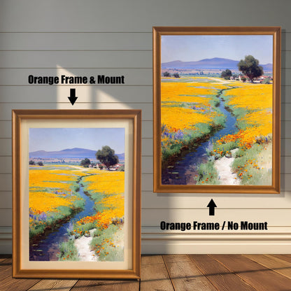 Two options for the framed art print: a smaller one with an Orange Frame & Mount (or mat) and a larger one with an Orange Frame / No Mount. Both are against a white wood-paneled wall.
