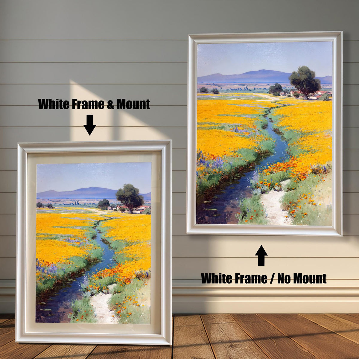 Two options for the framed art print: a smaller one with a White Frame & Mount (or mat) and a larger one with a White Frame / No Mount. Both are against a white wood-paneled wall.