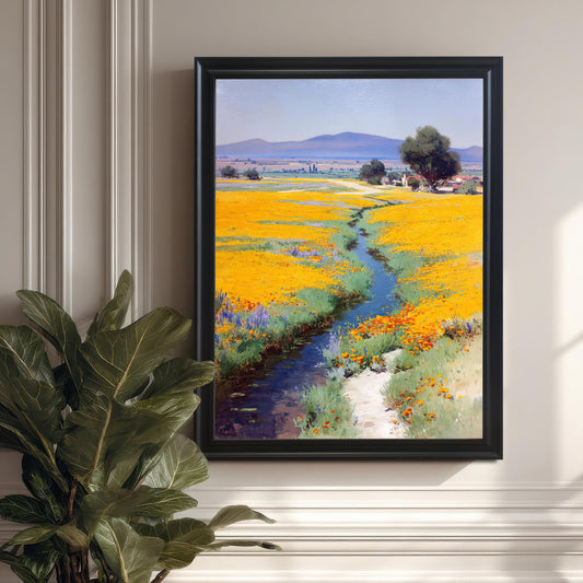 Black framed art print (No Mount) hanging on a light, classically paneled wall above a molding, next to a large potted fig plant, with strong sunlight casting shadows.