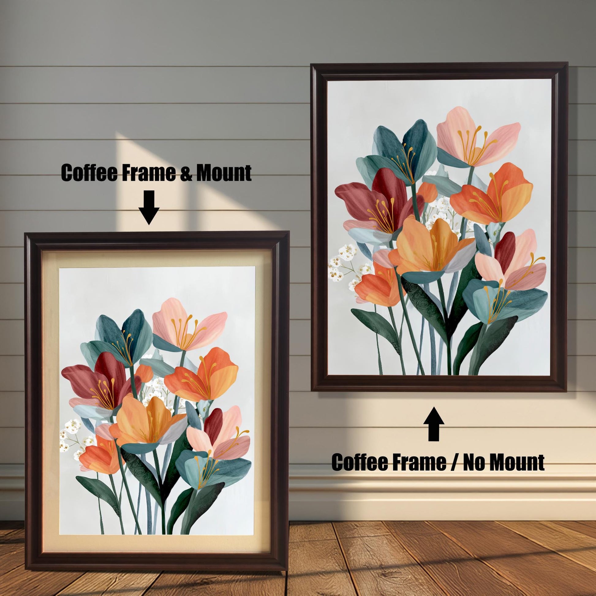 Abstract floral wall art in two coffee (dark brown) wood frames on a rustic wood panel background. The left frame includes a mount/mat, and the right frame shows the print without a mount/mat.