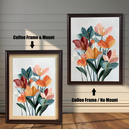 Abstract floral wall art in two coffee (dark brown) wood frames on a rustic wood panel background. The left frame includes a mount/mat, and the right frame shows the print without a mount/mat.