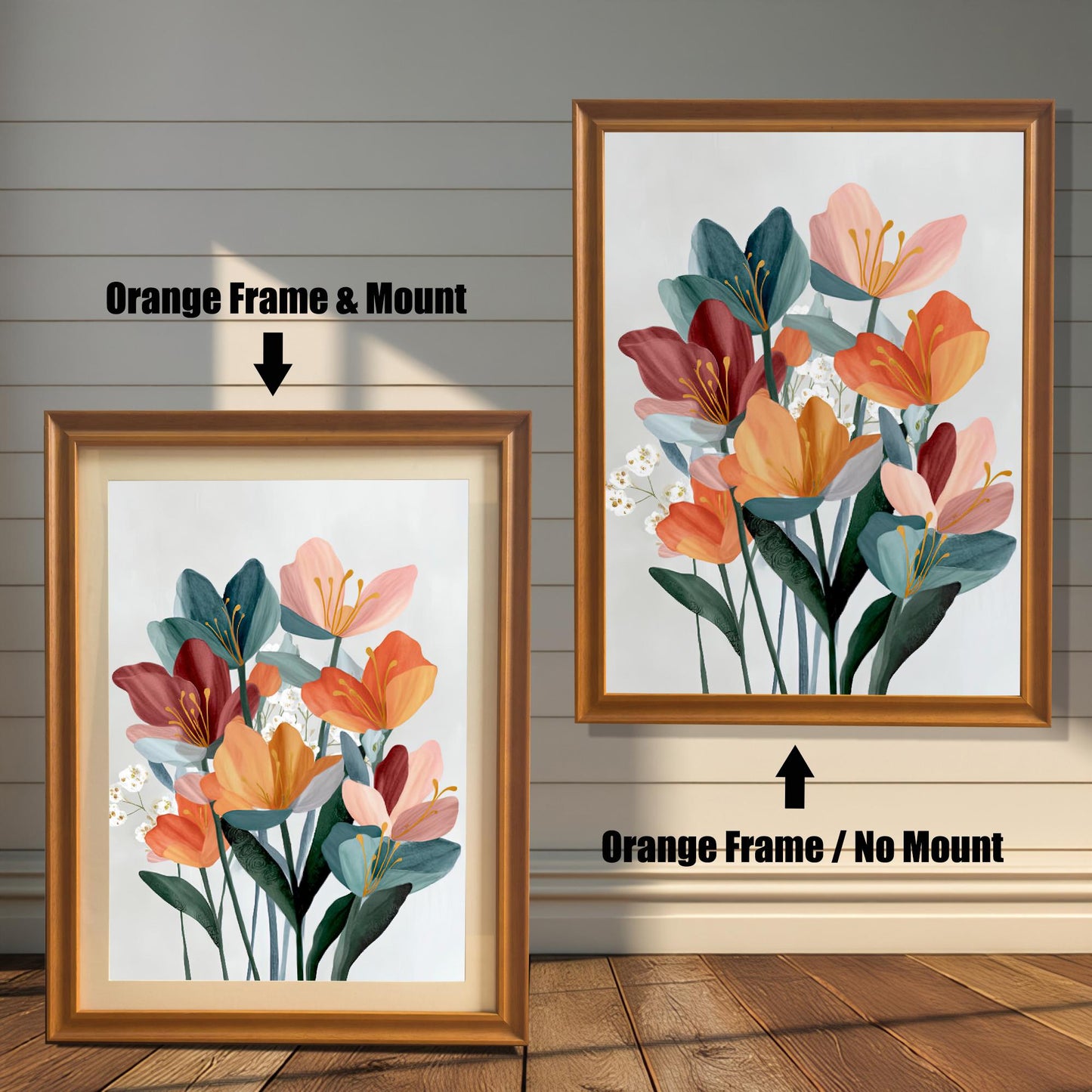 Abstract floral wall art in two orange wood frames on a rustic wood panel background. The left frame includes a mount/mat, and the right frame shows the print without a mount/mat.