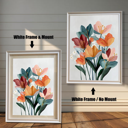 Abstract floral wall art in two white wood frames on a rustic wood panel background. The left frame includes a mount/mat, and the right frame shows the print without a mount/mat.