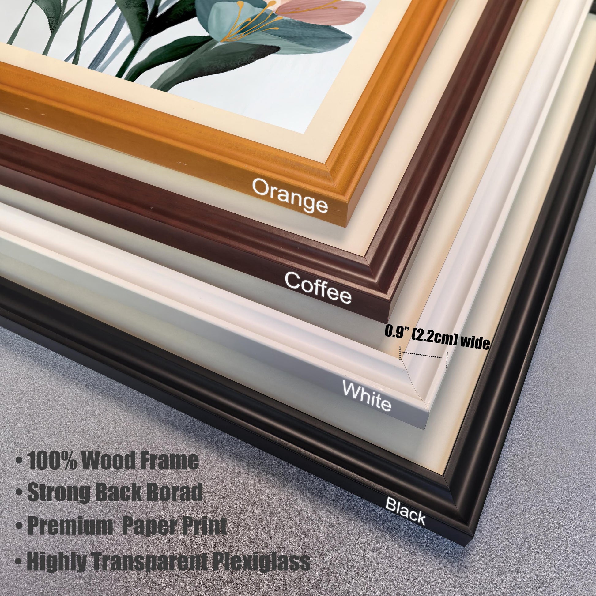 Close-up view of the four available wood frame colors: Orange, Coffee, White, and Black, highlighting the 0.9-inch (2.2cm) width and materials like 100% Wood Frame, Premium Paper Print, and Highly Transparent Plexiglass.