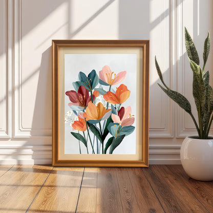 Framed print of an abstract floral bouquet artwork in a gold/orange wood frame leaning against a white wainscoted wall, next to a potted snake plant, with sunlight casting shadows.