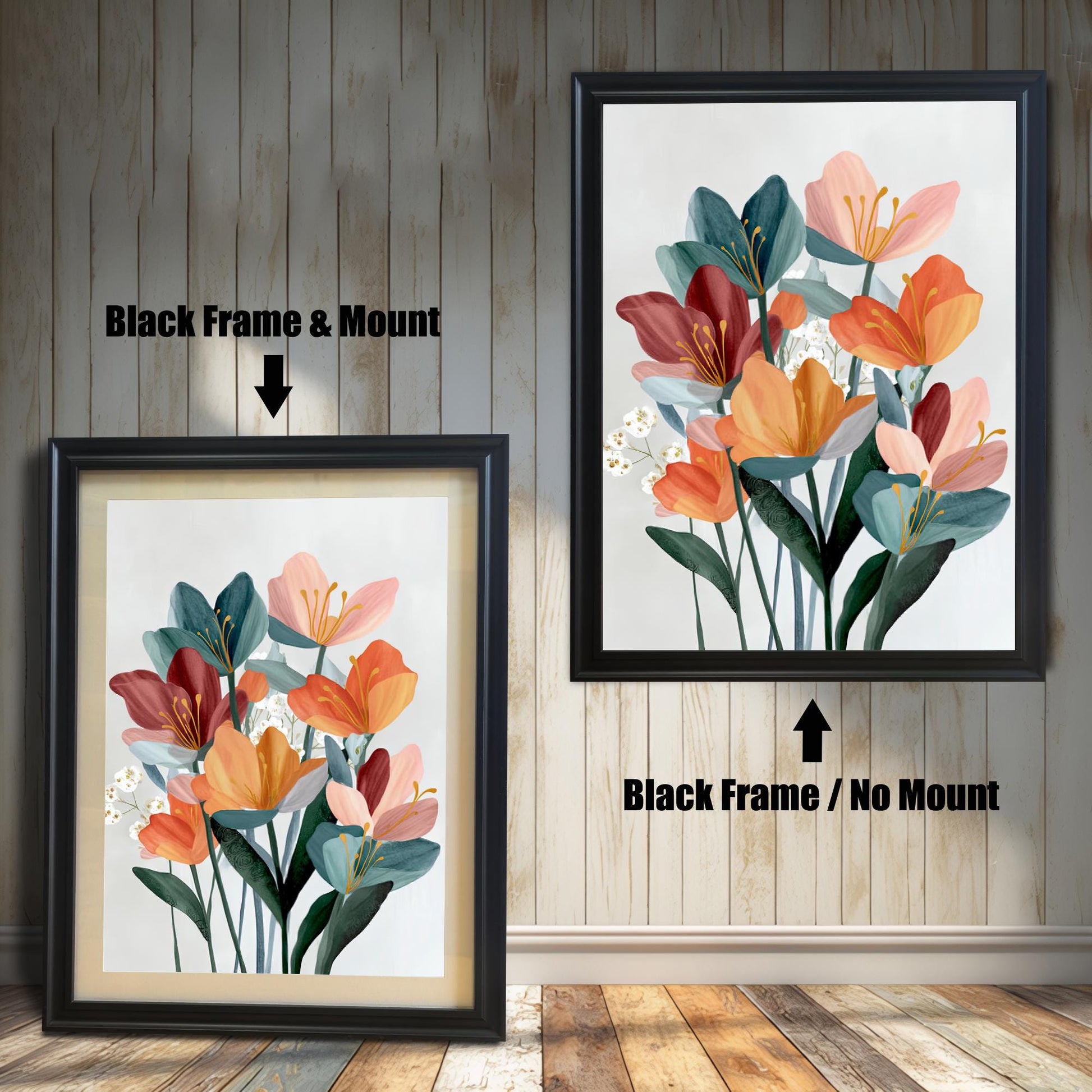 Abstract floral wall art in two black frames on a rustic wood panel background. The left frame shows the print with a mount/mat, and the right frame shows the print without a mount/mat.