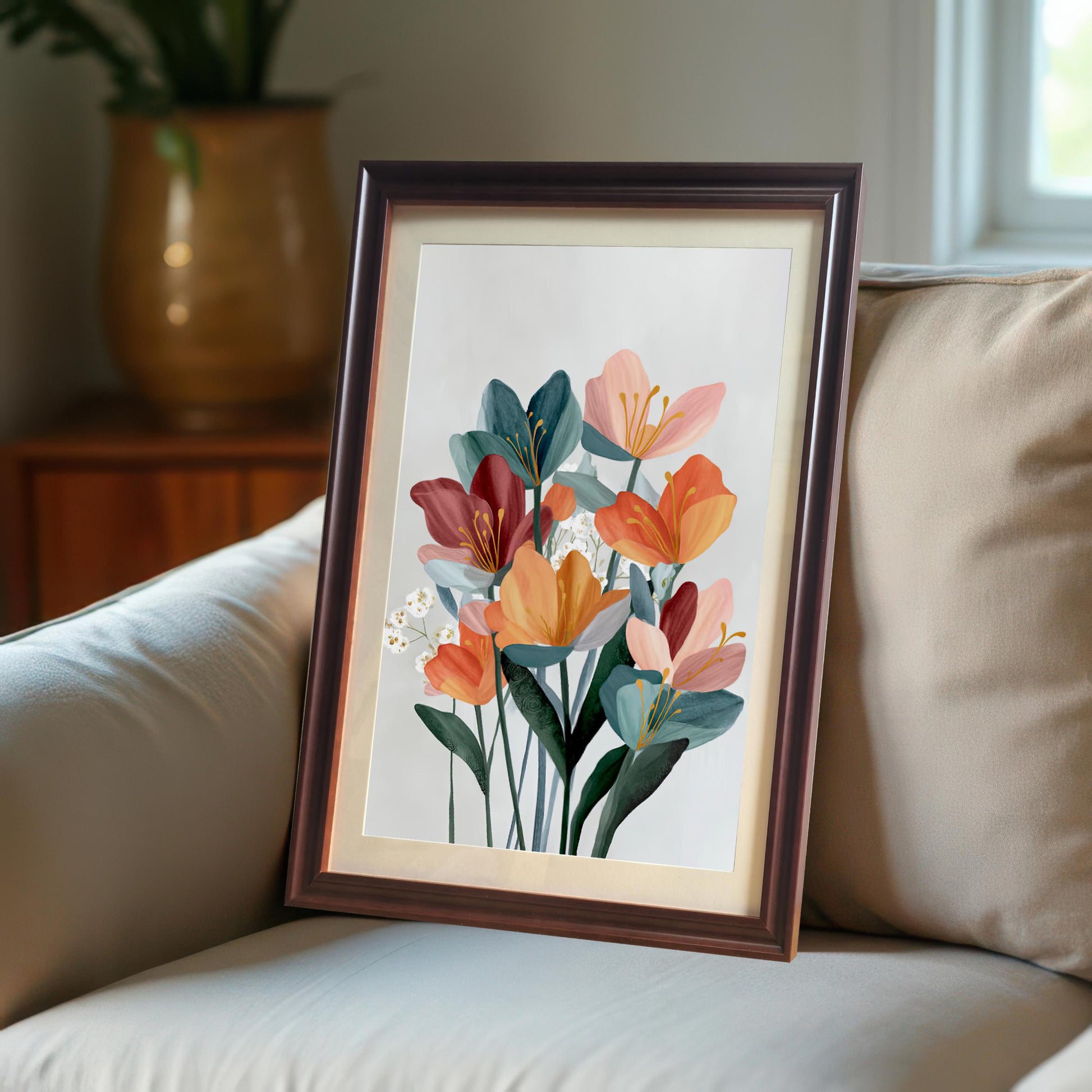 Abstract floral art print in a coffee (dark brown) wood frame with a mat/mount leaning on a beige sofa in a cozy, sunlit living room.