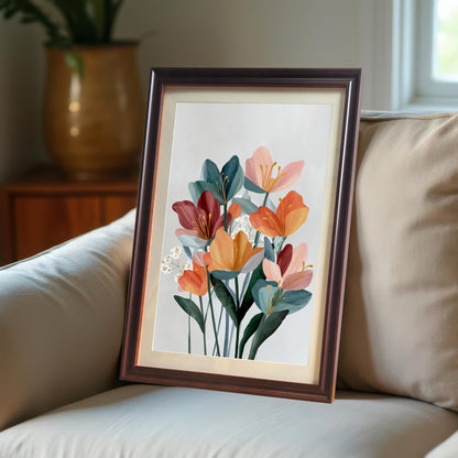 Abstract floral art print in a coffee (dark brown) wood frame with a mat/mount leaning on a beige sofa in a cozy, sunlit living room.