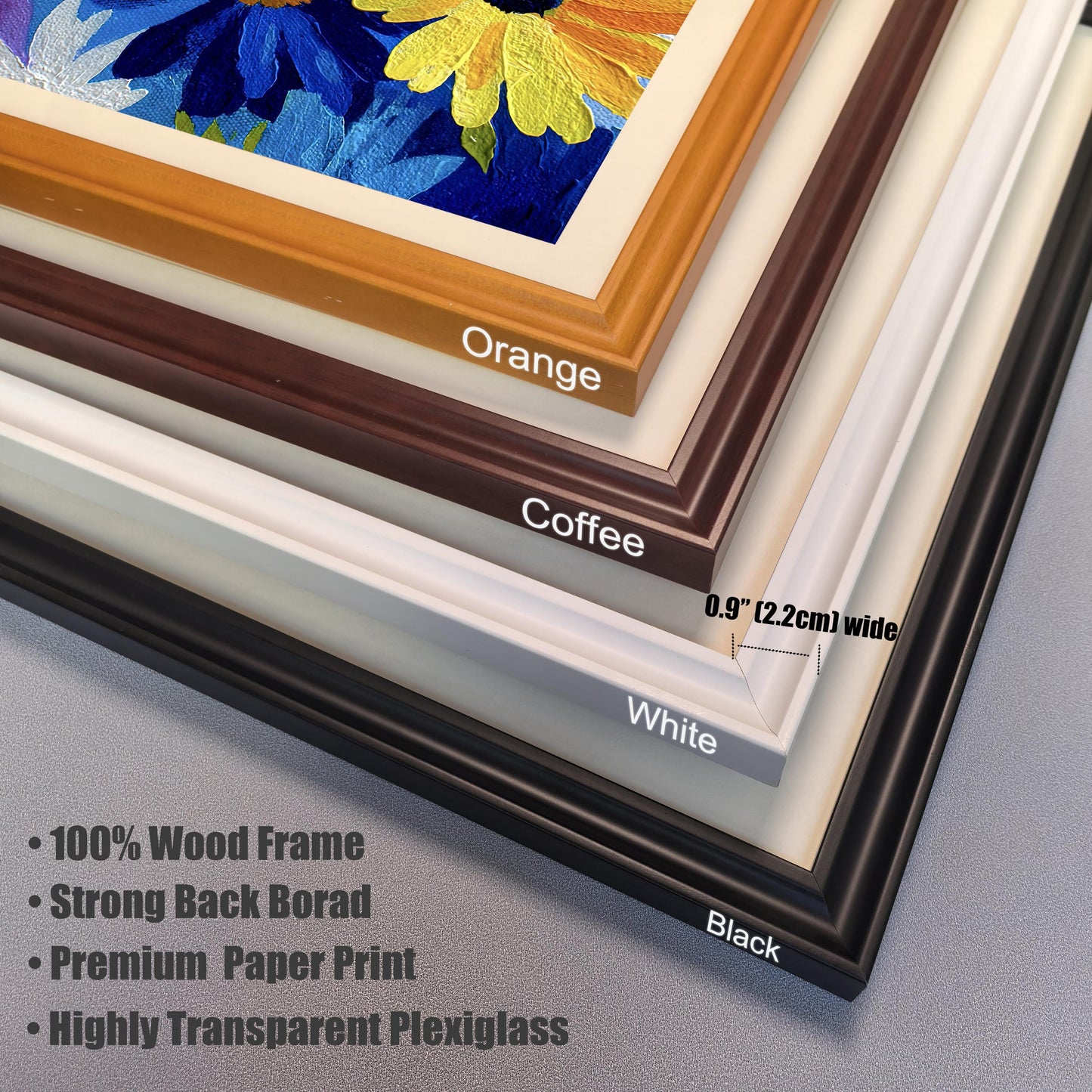 Close-up view of the four available wood frame colors: Orange, Coffee, White, and Black, highlighting the 0.9-inch (2.2cm) width and materials like 100% Wood Frame and Highly Transparent Plexiglass.