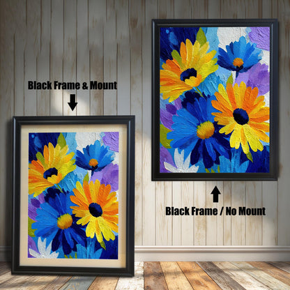 Abstract Blue and Yellow Daisy painting print in two black wood frames on a rustic wall. The left frame includes a mount/mat, and the right frame shows the print without a mount/mat.