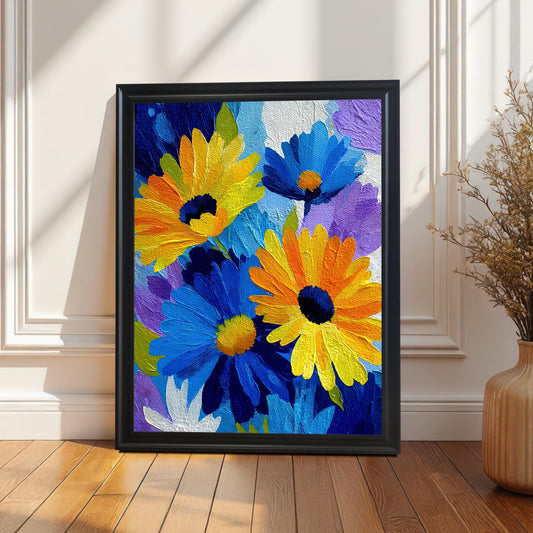 Framed print of the vibrant blue and yellow floral artwork in a black wood frame without a mat/mount, leaning on a wooden floor against a white wainscoted wall with dramatic sunlight and shadows.