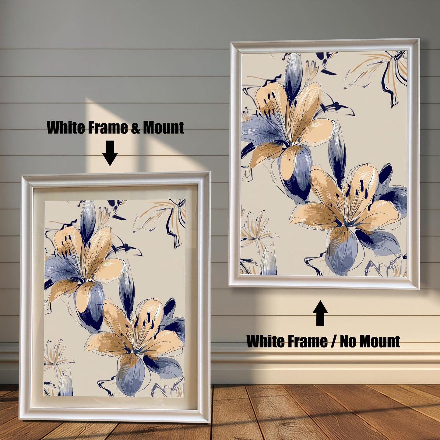 Modern framed print of Navy Blue and Peach/Gold Lilies on a beige background, shown in two white wood frames. The left frame includes a mount/mat, and the right frame shows the print without a mount/mat.