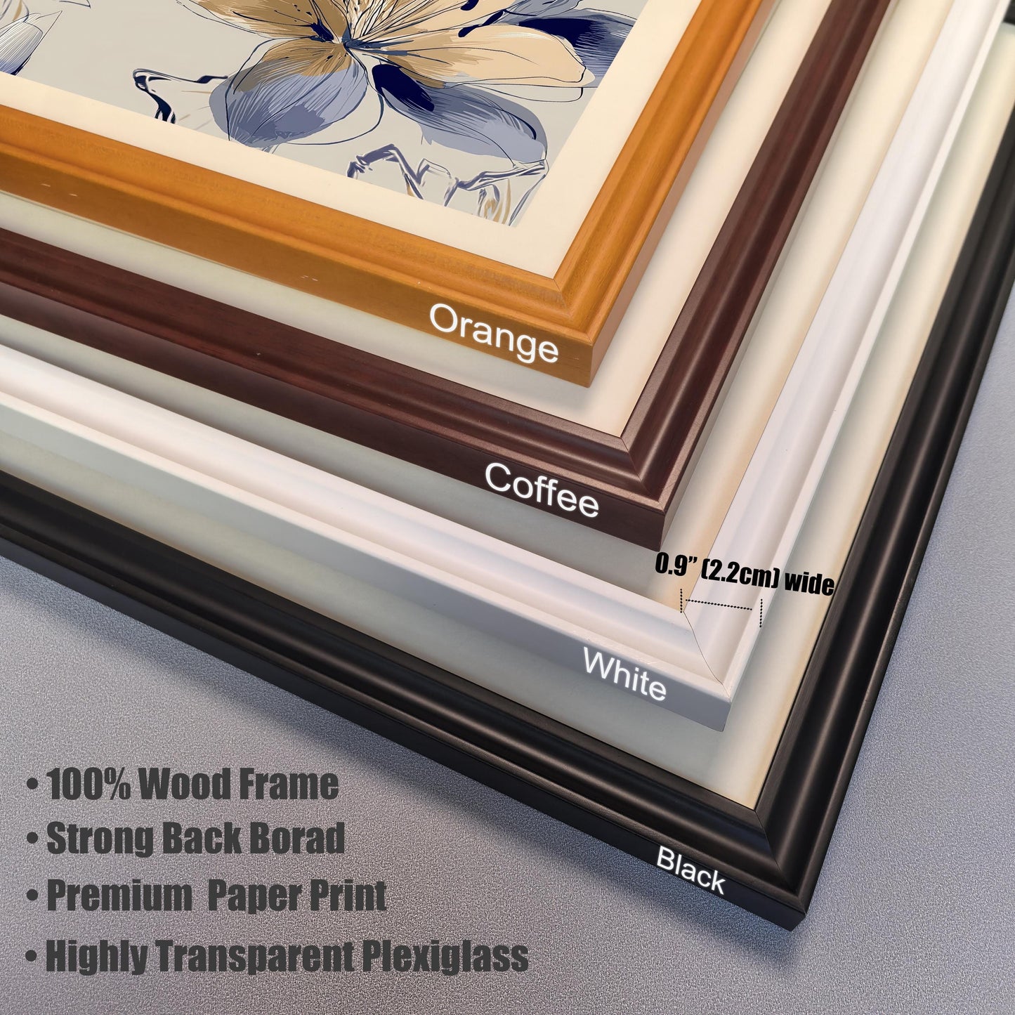 Close-up view of the four available wood frame colors: Orange, Coffee, White, and Black, highlighting the 0.9-inch (2.2cm) width and construction details like 100% Wood Frame and Highly Transparent Plexiglass.