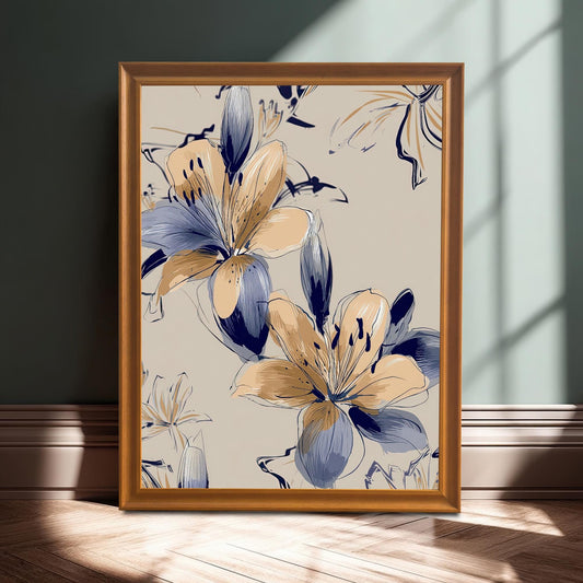 Framed print of the Navy Blue and Peach Floral artwork in an orange/gold frame with a mat/mount, leaning on a wooden floor against a dark green wall with dramatic sunlight and shadows.