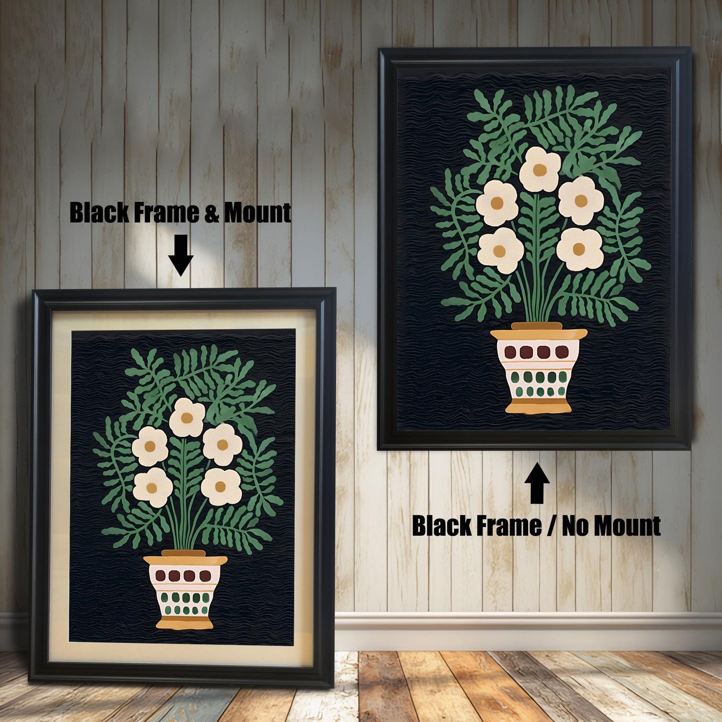A comparison of two framed art prints showing an off-white floral bouquet in a pot against a dark background. One is a Black Frame & Mount (matting), and the other is a Black Frame / No Mount.
