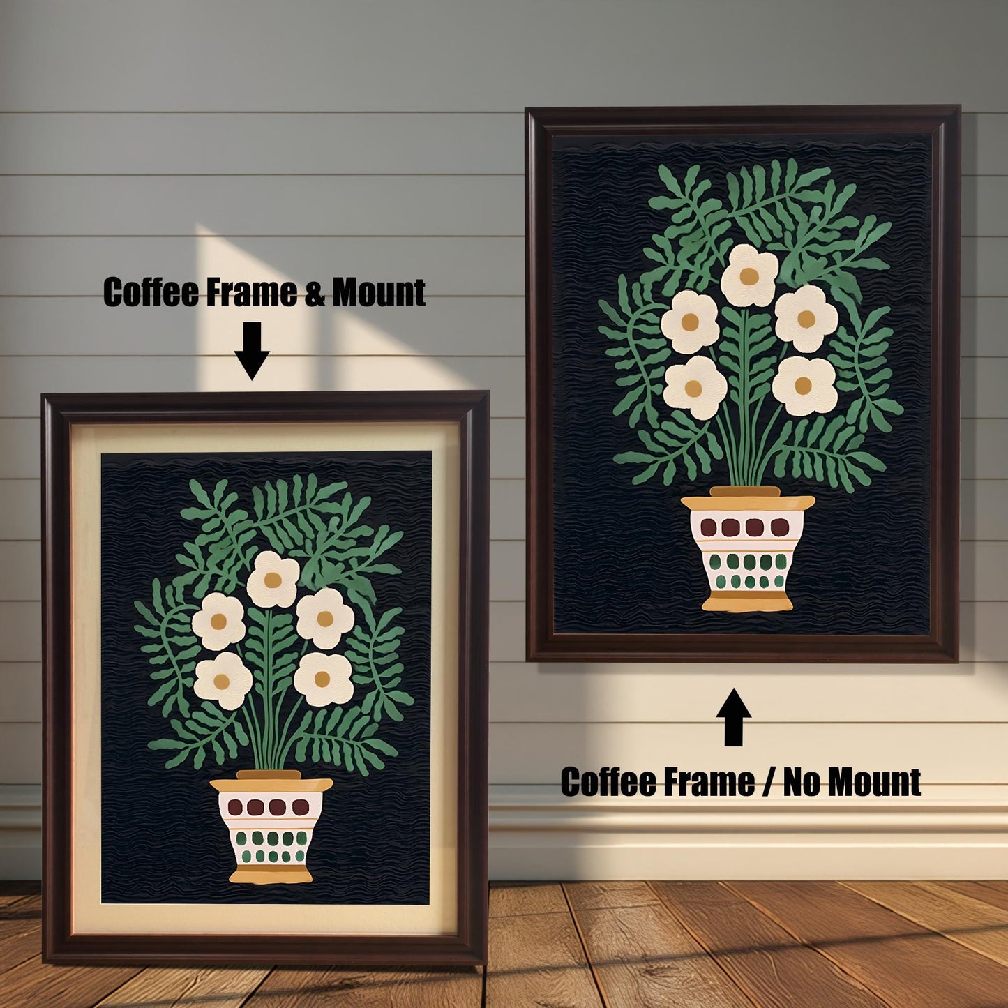 A comparison of two framed art prints showing an off-white floral bouquet in a pot against a dark background. One is a Coffee Frame & Mount (dark brown matting), and the other is a Coffee Frame / No Mount.