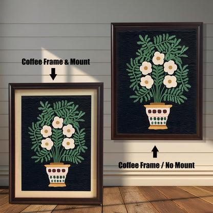 A comparison of two framed art prints showing an off-white floral bouquet in a pot against a dark background. One is a Coffee Frame & Mount (dark brown matting), and the other is a Coffee Frame / No Mount.