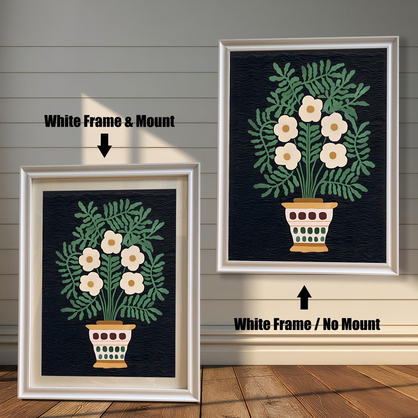 A comparison of two framed art prints showing an off-white floral bouquet in a pot against a dark background. One is a White Frame & Mount (matting), and the other is a White Frame / No Mount.