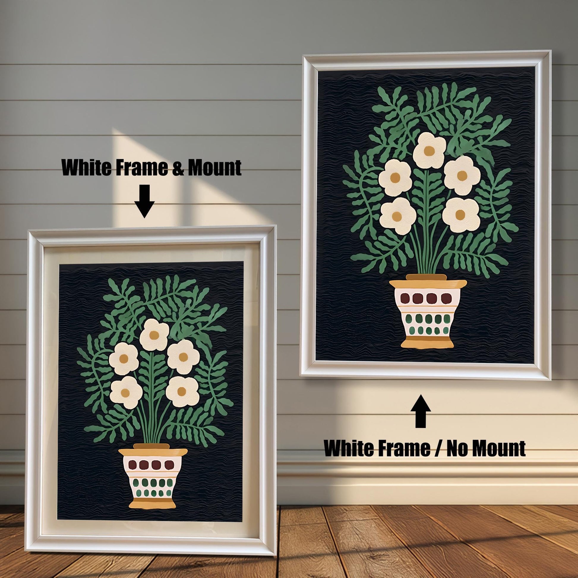 A comparison of two framed art prints showing an off-white floral bouquet in a pot against a dark background. One is a White Frame & Mount (matting), and the other is a White Frame / No Mount.