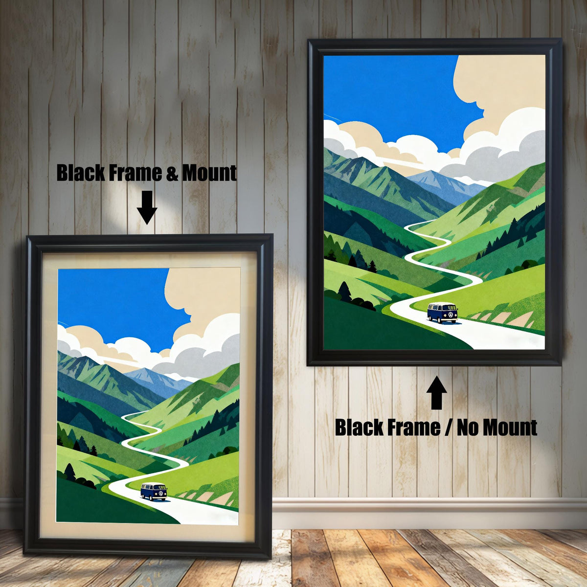 A comparison of two framed art prints of the mountain road trip scene. One shows a Black Frame & Mount (matting), and the other shows a Black Frame / No Mount.