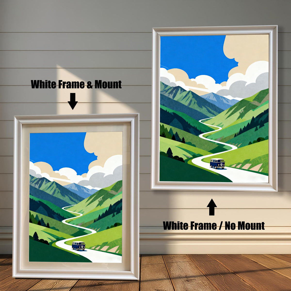 A comparison of two framed art prints of the mountain road trip scene. One shows a White Frame & Mount (matting), and the other shows a White Frame / No Mount.