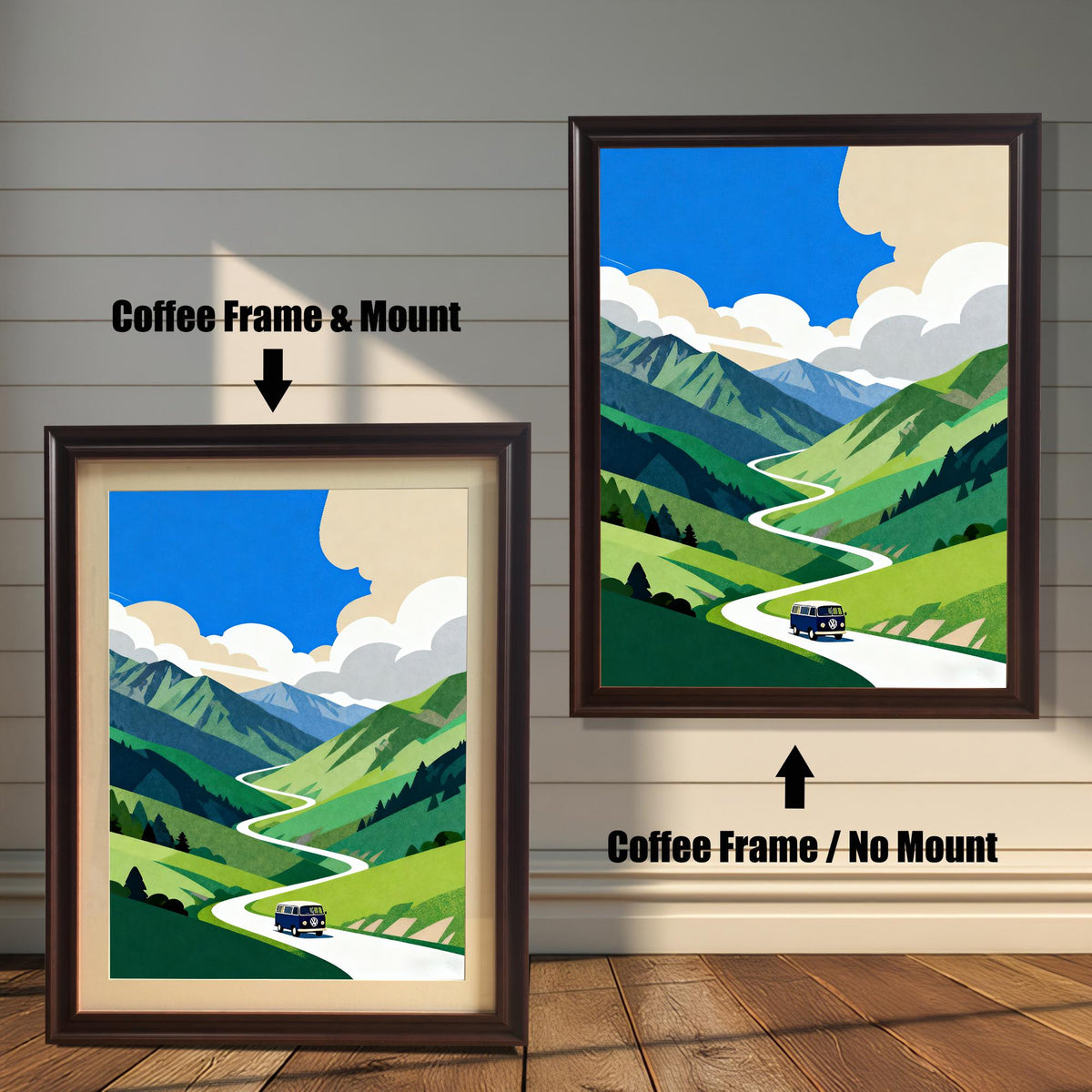 A comparison of two framed art prints of the mountain road trip scene. One shows a Coffee Frame & Mount (dark brown matting), and the other shows a Coffee Frame / No Mount.