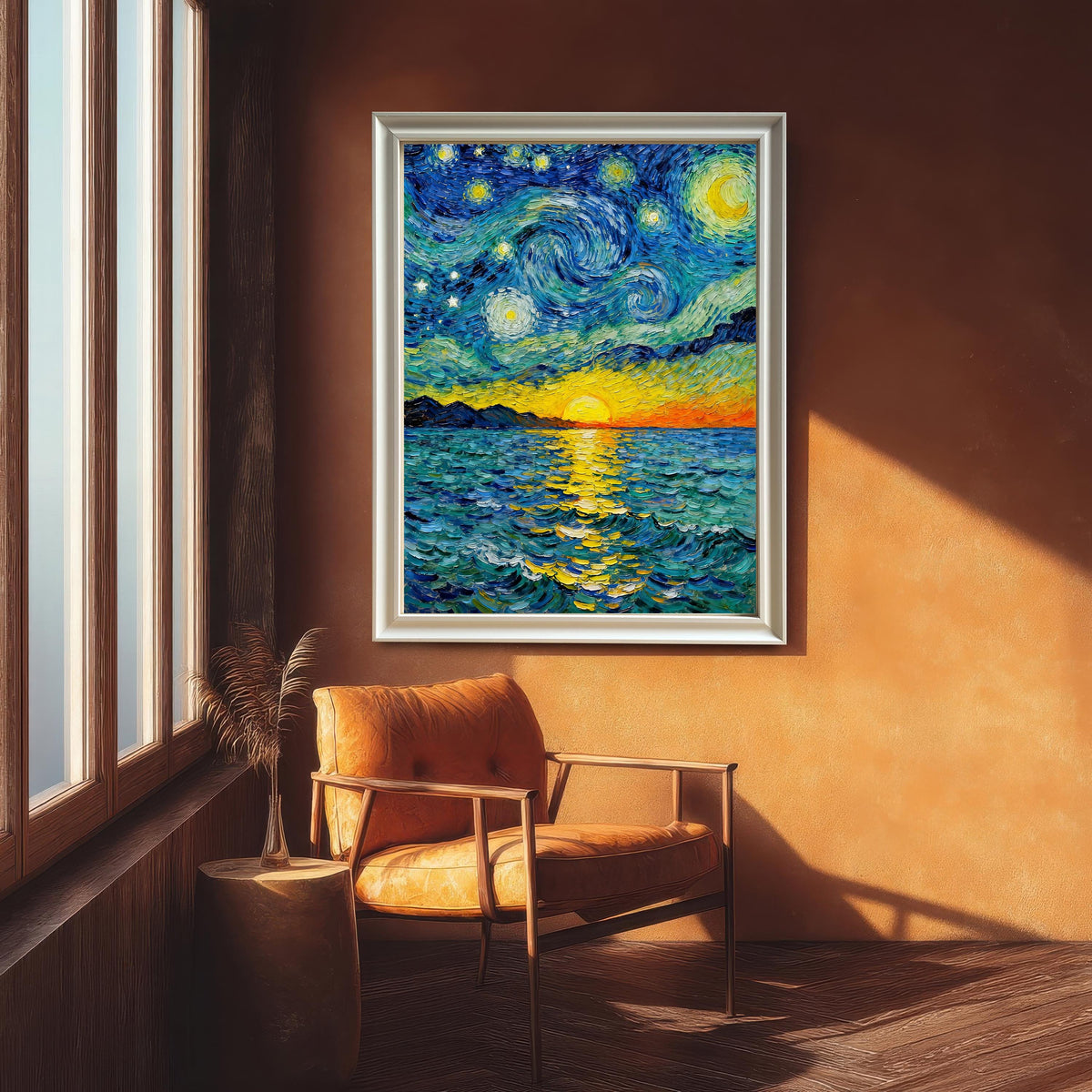 Full view of the starry night sea art print displayed in a white frame in a stylish, well-lit room with large windows, an orange accent wall, and a leather armchair.