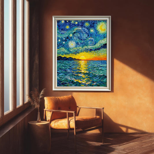 Full view of the starry night sea art print displayed in a white frame in a stylish, well-lit room with large windows, an orange accent wall, and a leather armchair.