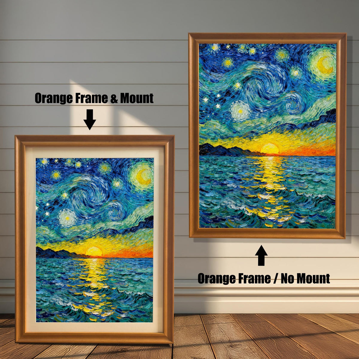 A vibrant, Van Gogh style painting of a starry night over a sunset sea. The image compares two framing options: Orange Frame & Mount (light brown/gold frame with a cream border) and Orange Frame / No Mount.