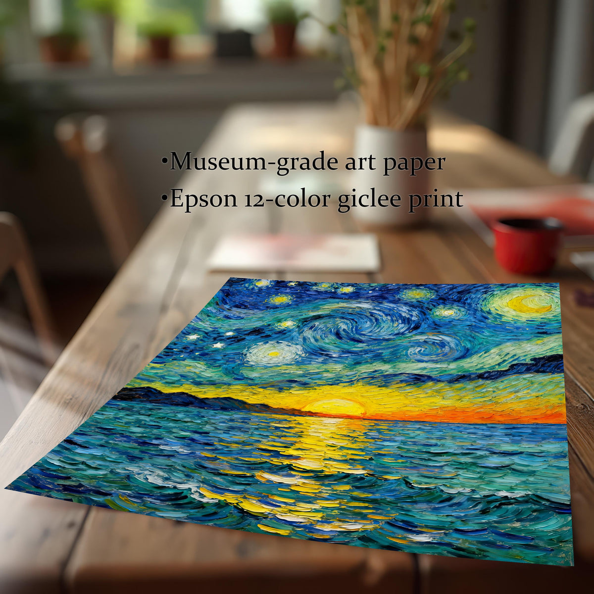 Close-up shot of the unframed art print lying on a wooden table, highlighting its texture and quality. Text mentions Museum-grade art paper and Epson 12-color giclee print.