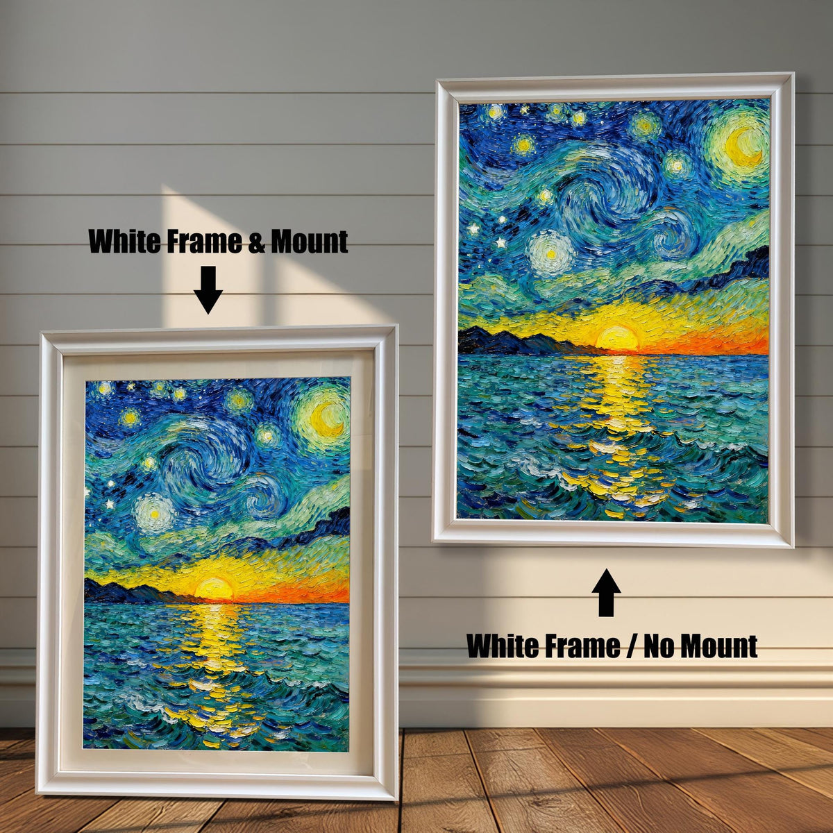 A vibrant, Van Gogh style painting of a starry night over a sunset sea. The image compares two framing options: White Frame & Mount (with a cream border) and White Frame / No Mount.