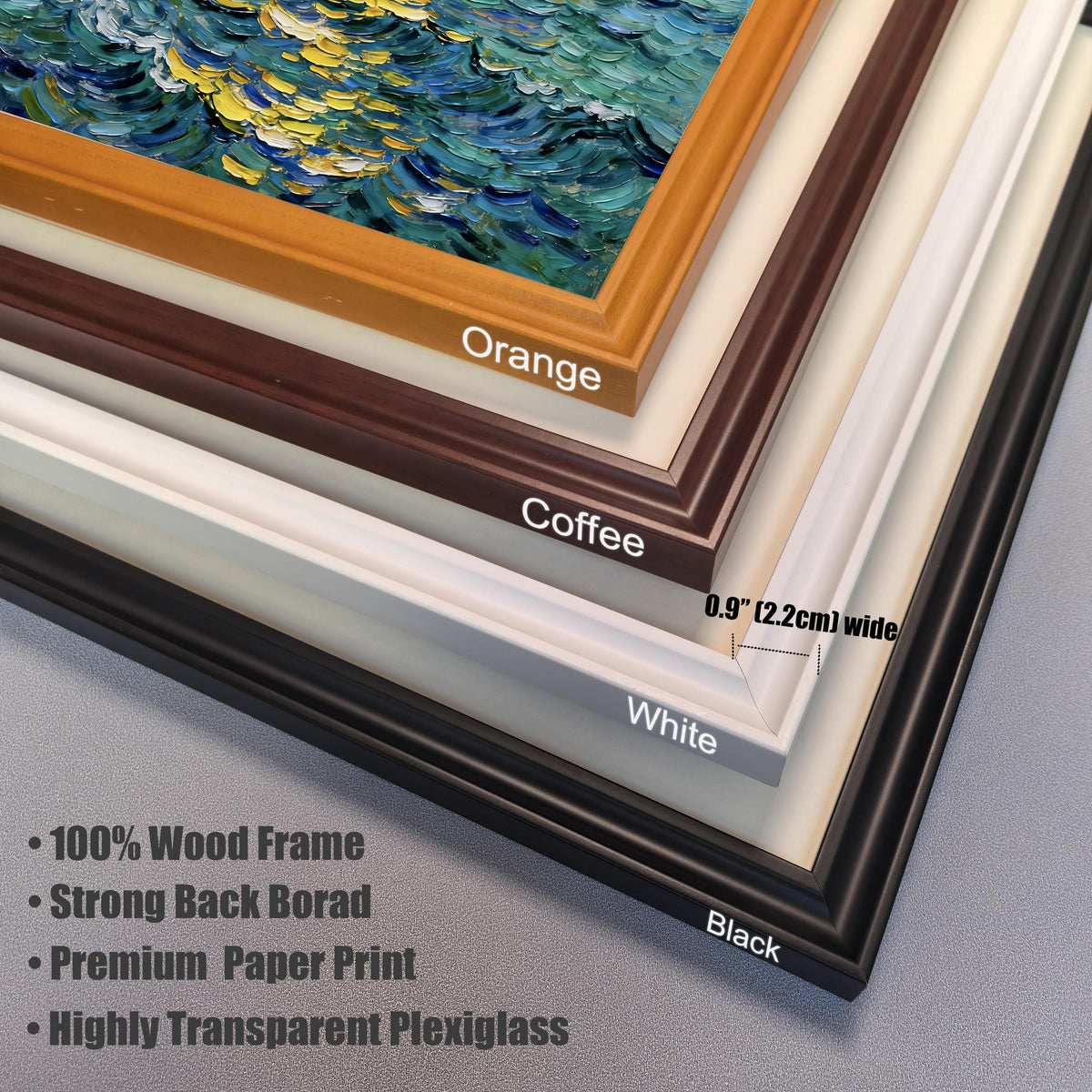 Frame detail close-up showing the four available wood frame colors: Orange, Coffee, White, and Black. Notes indicate the frame is 0.9" (2.2cm) wide and list features like 100% Wood Frame and Premium Paper Print.