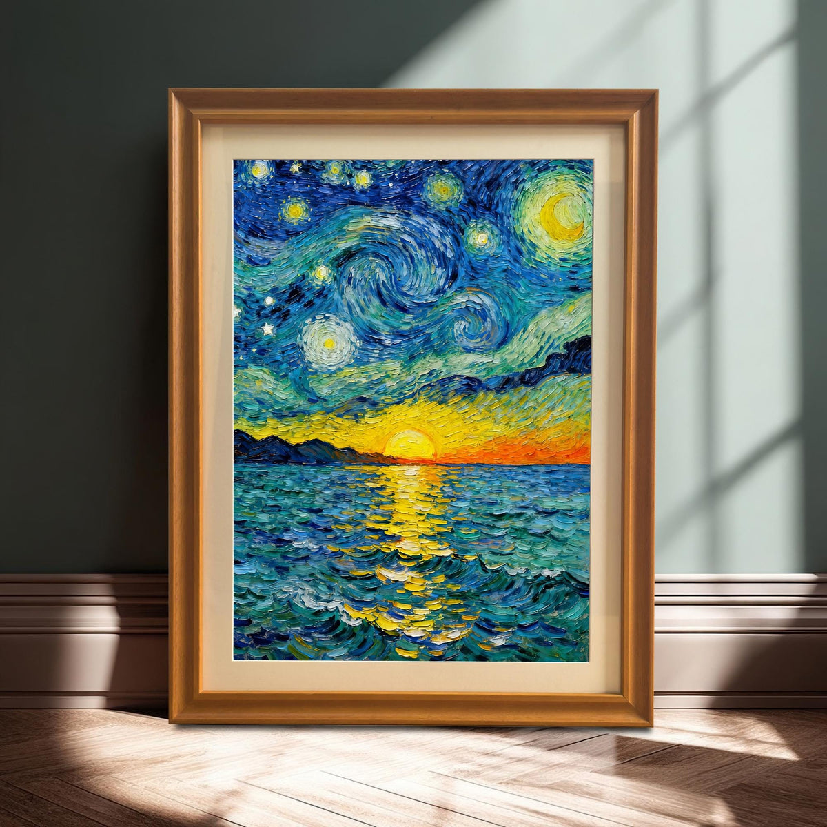 Van Gogh style art print in a gold/orange frame with a mount leaning against a dark green wall on a wooden floor.