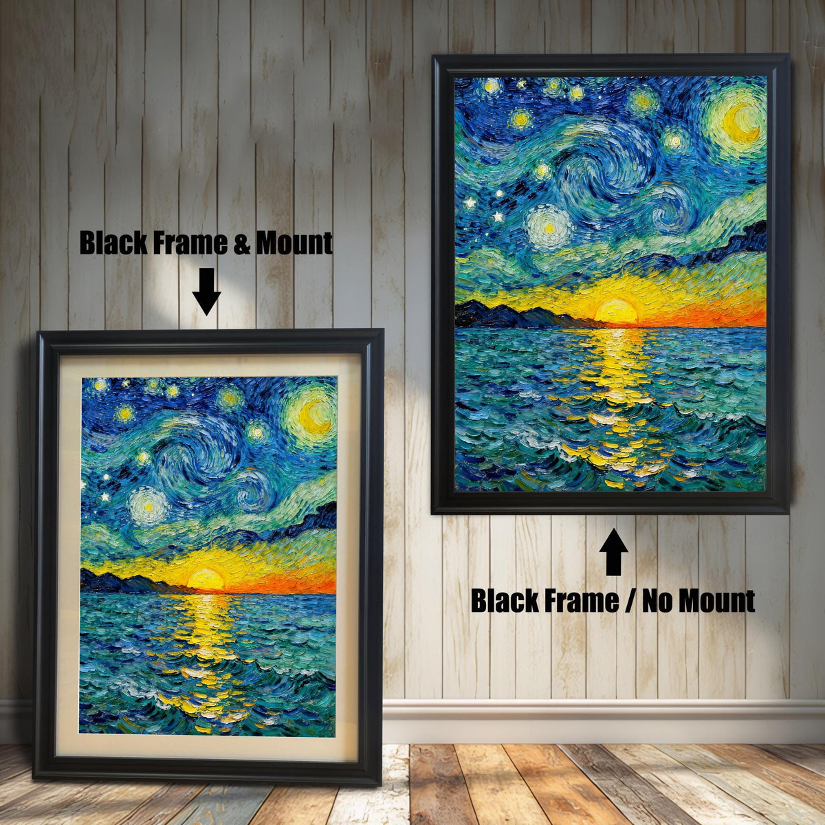 A vibrant, Van Gogh style painting of a starry night over a sunset sea. The image compares two framing options: Black Frame & Mount (with a cream border) and Black Frame / No Mount.
