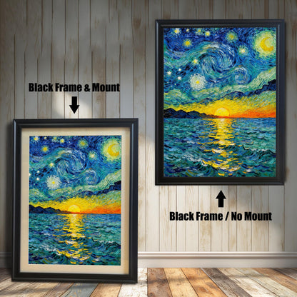 A vibrant, Van Gogh style painting of a starry night over a sunset sea. The image compares two framing options: Black Frame & Mount (with a cream border) and Black Frame / No Mount.
