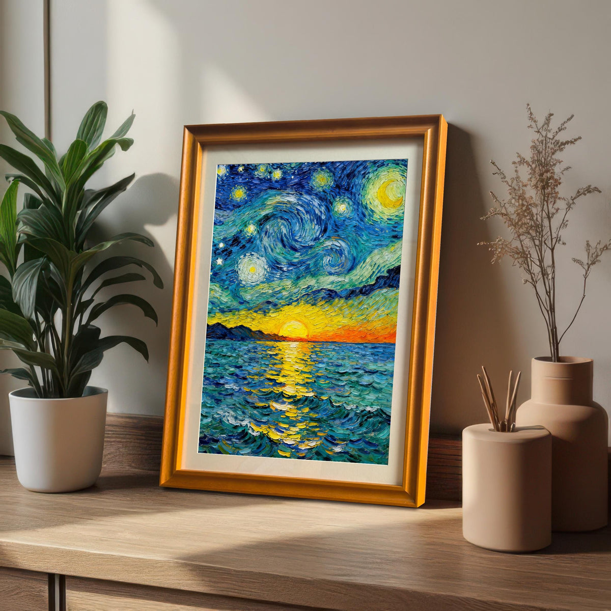 Van Gogh style art print in a gold/orange frame with a mount leaning on a wooden shelf next to a potted plant and ceramic vases.