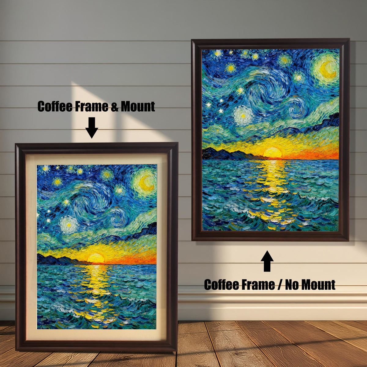 A vibrant, Van Gogh style painting of a starry night over a sunset sea. The image compares two framing options: Coffee Frame & Mount (dark brown frame with a cream border) and Coffee Frame / No Mount.