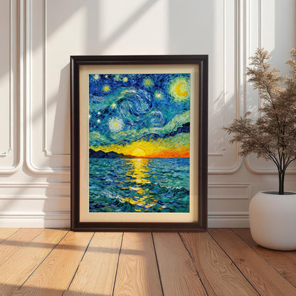 Van Gogh style art print of a starry night over a sunset sea displayed in a dark brown/coffee frame with a cream mount/mat. The framed print is leaning against a white decorative wall on a light wood floor next to a large dried floral arrangement.