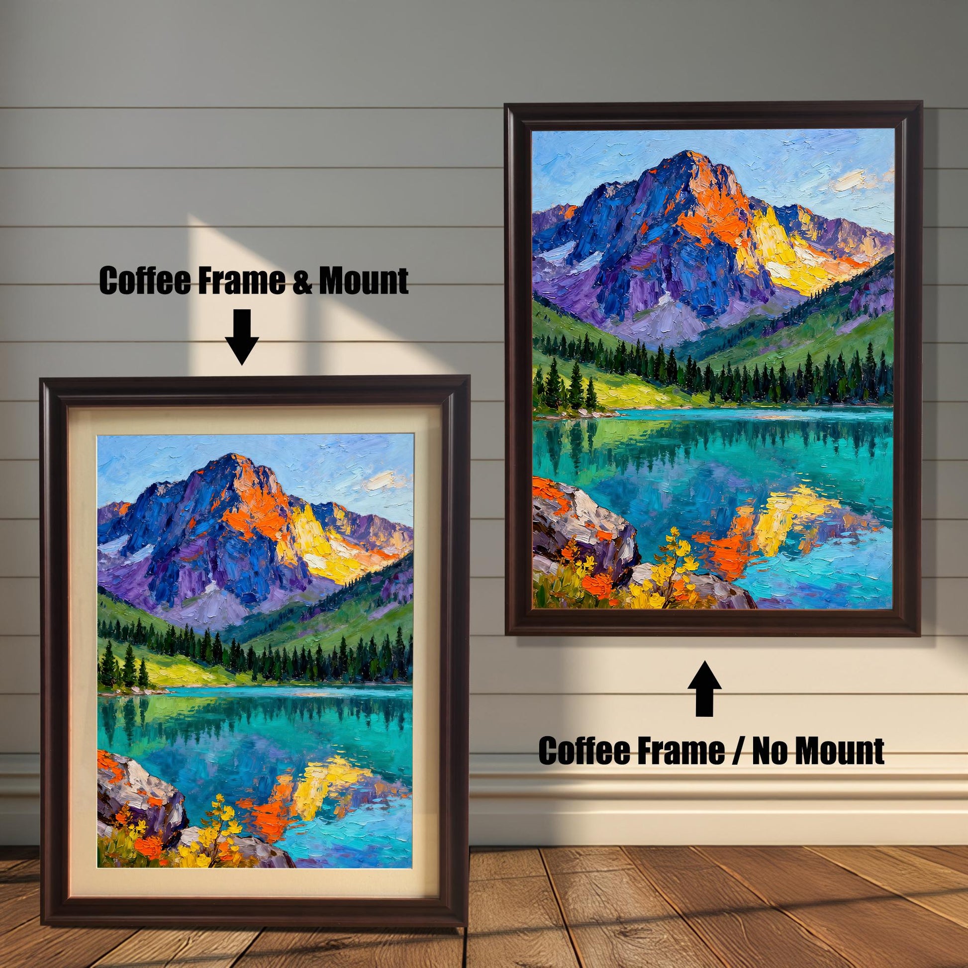 A vibrant oil painting print of a mountain reflected in a clear lake. The image compares two framing options: Coffee Frame & Mount (dark brown frame with a cream border) and Coffee Frame / No Mount.