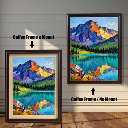 A vibrant oil painting print of a mountain reflected in a clear lake. The image compares two framing options: Coffee Frame & Mount (dark brown frame with a cream border) and Coffee Frame / No Mount.