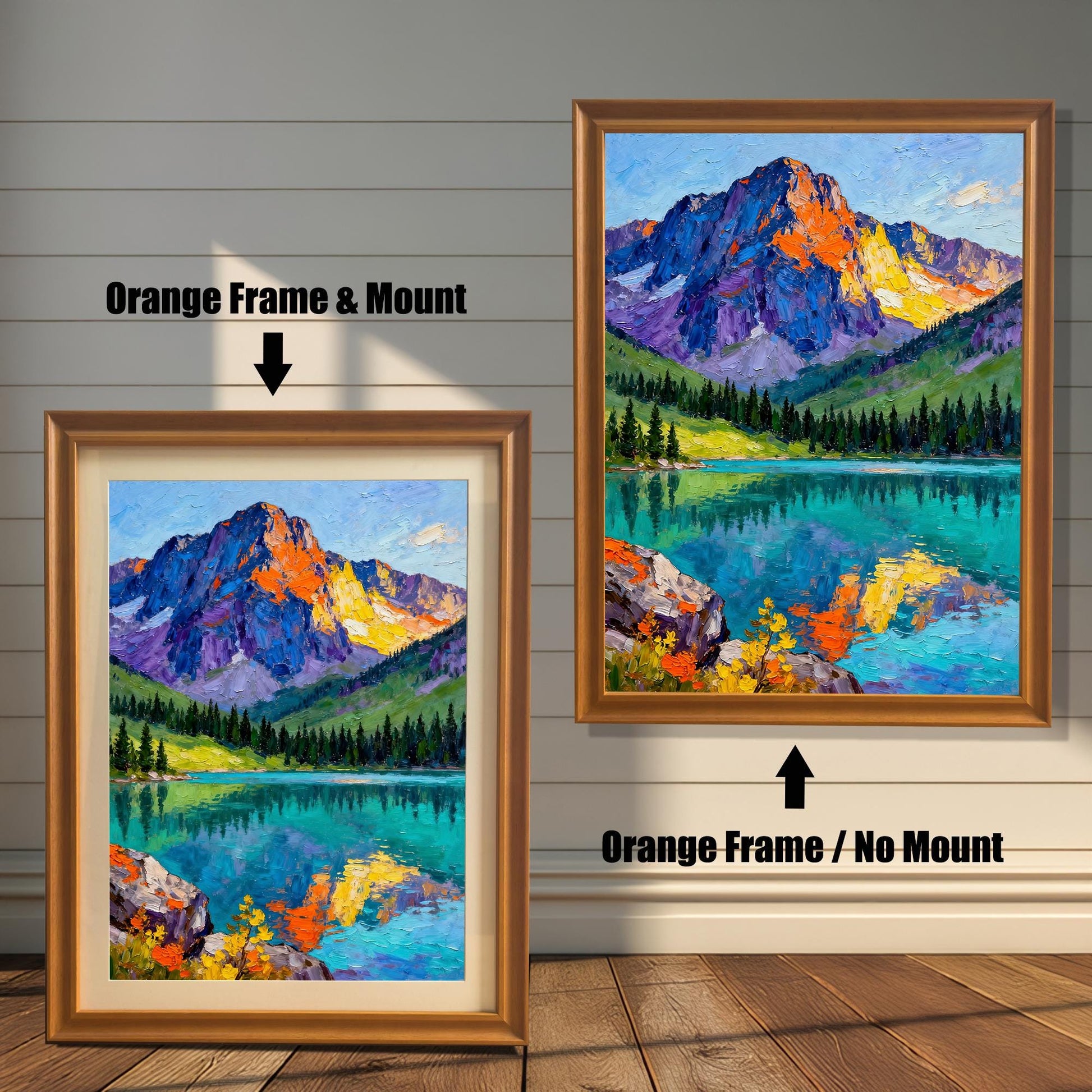 A vibrant oil painting print of a mountain reflected in a clear lake. The image compares two framing options: Orange Frame & Mount (light brown/gold frame with a cream border) and Orange Frame / No Mount.