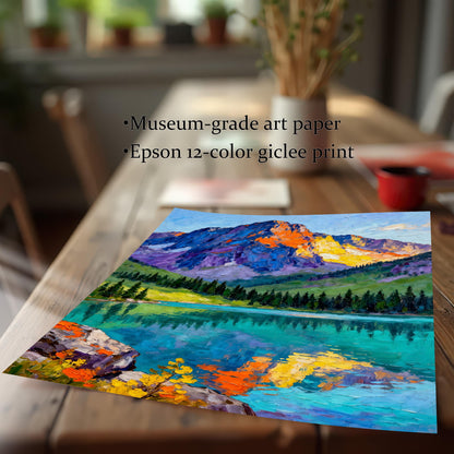 Close-up shot of the unframed mountain art print lying on a wooden table, highlighting its texture and quality. Text mentions Museum-grade art paper and Epson 12-color giclee print.