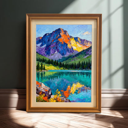 Vibrant mountain and lake art print in a gold/orange frame with a mount leaning against a dark green wall on a wooden floor, with dramatic sunlight.