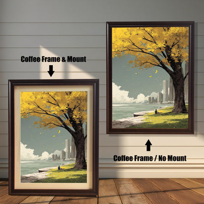 Yellow autumn tree art print comparison showing two framing options: Coffee Frame & Mount (dark brown frame with a cream border) and Coffee Frame / No Mount. The cityscape art features fall colors.